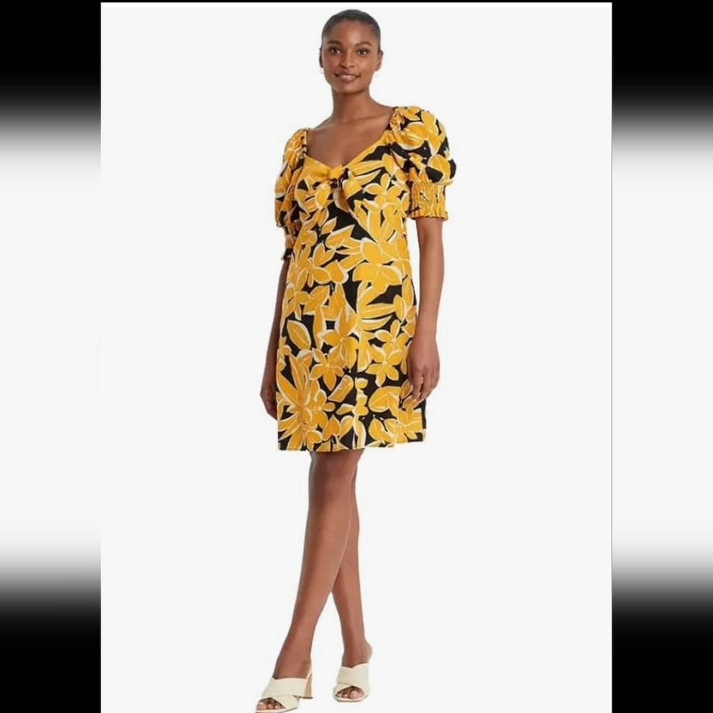 Who What Wear Yellow and Black Puff Sleeve Linen Blend Mini Dress Size M